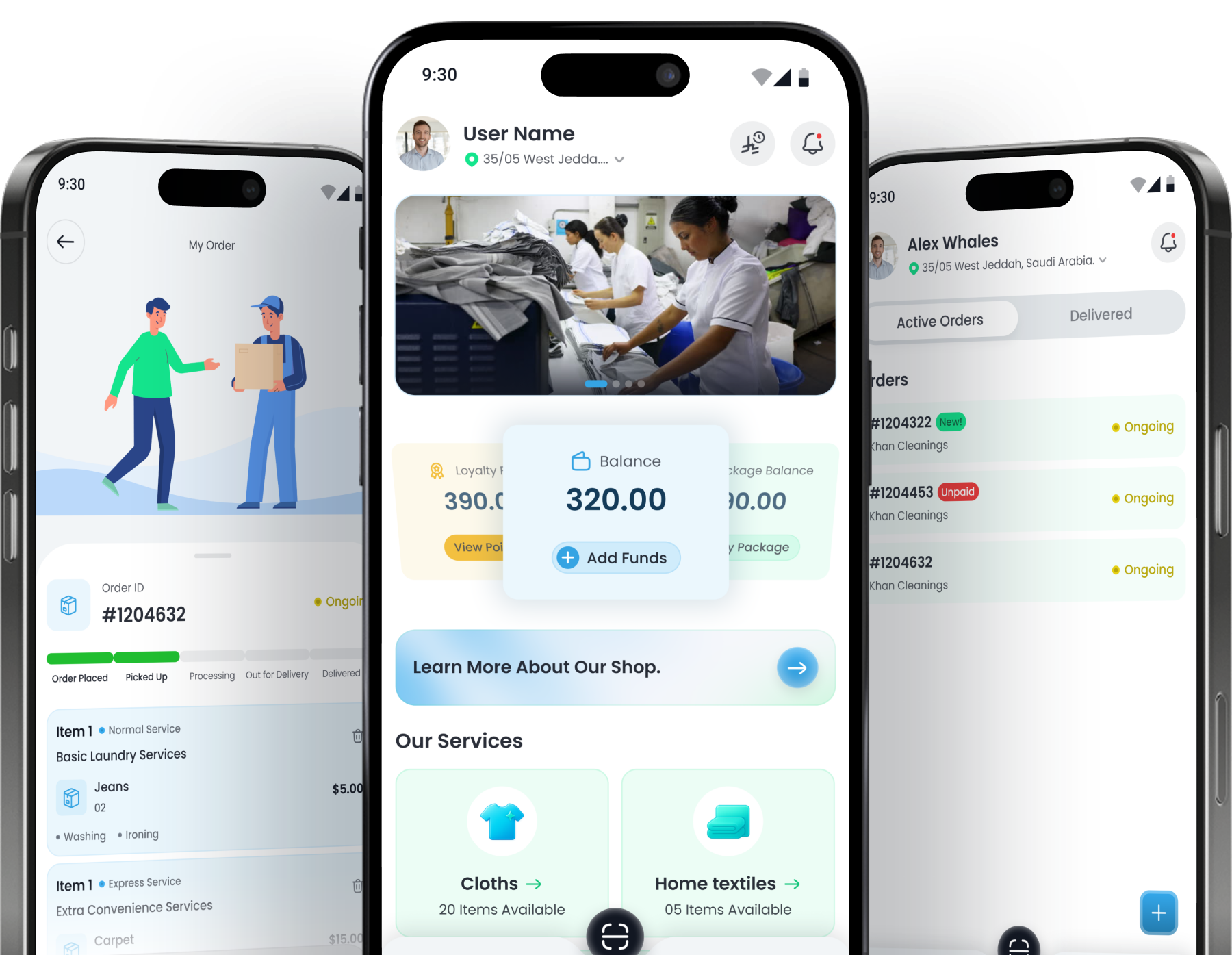 Tasbeen app interface showing laundry service features